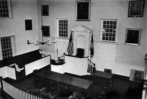 Interior of restored courtroom facing the judges' bench. Photo by Charles Baptie, 1971.