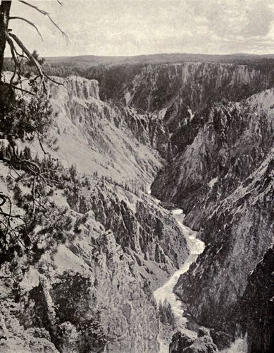 THE YELLOWSTONE RIVER AND CANYON.  From stereograph, copyright 1904, by Underwood & Underwood, New York.