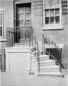 Plate XXXVI.—Doorway and Ironwork, Northeast Corner of Third and Pine Streets; Stoop with Curved Stairs and Iron Handrail, 316 South Third Street.