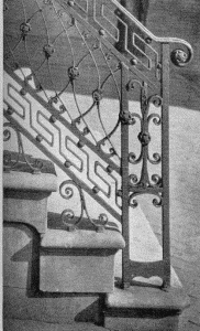 Plate XLII.—Iron Stair Rail and Footscraper, South Seventh Street (section); Iron Stair Rail and Footscraper, South Fourth Street (section); Iron Stair Rail and Footscraper, Seventh and Locust Streets (section); Iron Stair Rail and Footscraper, Seventh and Locust Streets (section).