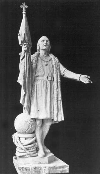 STATUE OF COLUMBUS, BY SENOR G. SUÑOL, ON THE MONUMENT IN THE PASEO DE RECOLETOS (DEVOTEES' PROMENADE), MADRID, SPAIN.