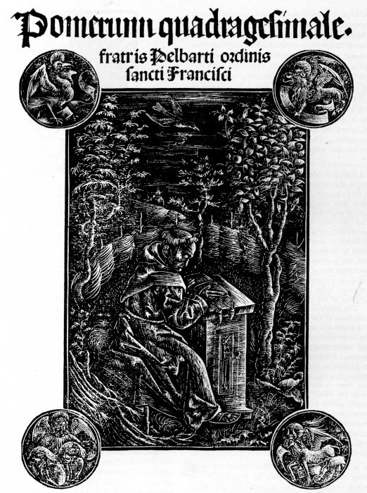 Figure 4.—White-Line Engraving on Metal for Relief Printing, "The Franciscan, Pelbart of Temesvar, Studying in a Garden," from "Pomerium quadragesimale, fratris Pelbarti ordinis sancti Francisci," Augsburg, 1502.