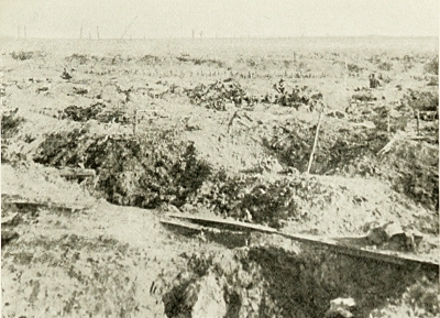 THE BATTLEFIELD OF "GINCHY." I WAS HURLED INTO THE TRENCH IN THE FOREGROUND BY THE BURSTING OF A GERMAN SHELL, AND AWOKE MANY HOURS LATER WITH SHELL SHOCK AND REALISED I HAD BEEN LYING BESIDE A DEAD GERMAN ALL NIGHT. HE HAD BEEN THERE I SHOULD SAY ABOUT THREE WEEKS