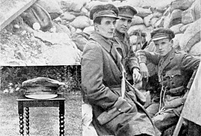 IN THE TRENCHES AT THE FAMOUS AND DEADLY HOHENZOLLERN REDOUBT, AFTER A GERMAN ATTACK. SHORTLY AFTER THIS WAS TAKEN I WAS SHOT THROUGH MY SERVICE CAP BY A GERMAN SNIPER