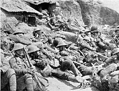 FAGGED OUT IN THE "WHITE CITY" AFTER WE RETIRED TO OUR TRENCHES, JULY 1ST, 1916. SOME OF THE INCOMPARABLE 29TH DIVISION