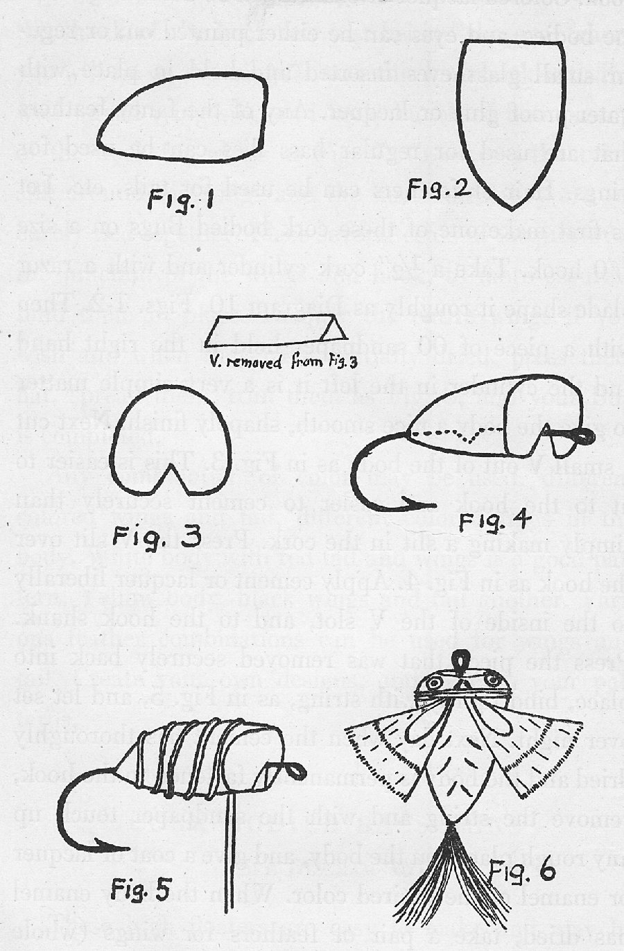 Page sized diagram showing drawings of cork bodied bass bug construction.