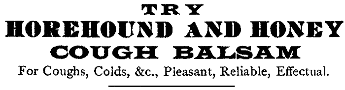 TRY HOREHOUND AND HONEY COUGH BALSAM For Coughs, Colds, &c., Pleasant, Reliable, Effectual.