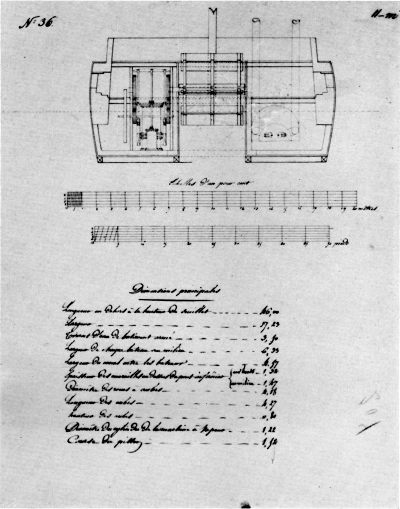 Figure 6.—French sketch, in Rigsarkivet, Copenhagen, of inboard profile and arrangement of Fulton's Steam Battery, showing details of the Fulton engine, probably taken from one of his preliminary designs.