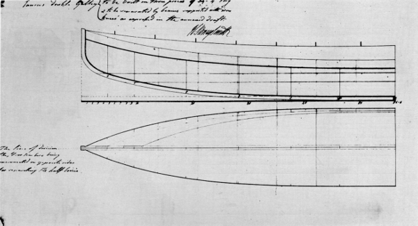 Figure 12.—General plan of the Taurus, a catamaran galley gunboat proposed by Sir Sidney Smith, R.N., to the British Admiralty in the early years of the French Revolution. From the Admiralty Collection of Draughts, National Maritime Museum, Greenwich.