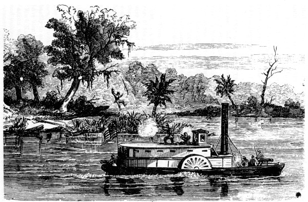 PHALANX RIVER PICKETS DEFENDING THEMSELVES.  Federal picket boat near Fernandina, Fla., attacked by Confederate sharpshooters stationed in the trees on the banks.