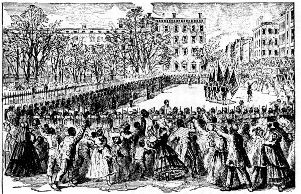 PHALANX REGIMENT RECEIVING ITS FLAGS.  Presentation of colors to the 20th United States Colored Infantry, Col. Bertram, in N. Y., March 5th, 1864.