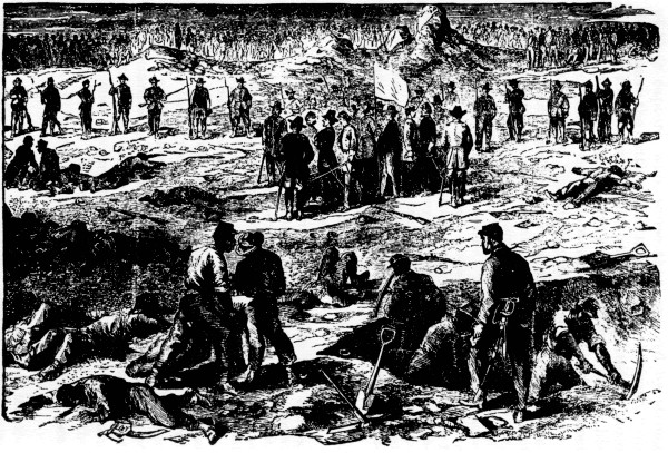 BEFORE PETERSBURG.  Phalanx soldiers, under a flag of truce, burying their dead after one of the terrible battles before Petersburg.