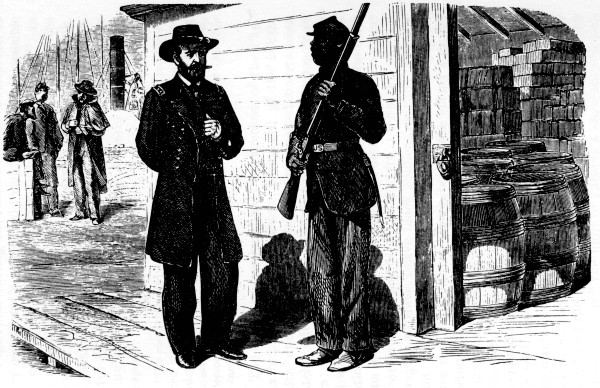 "YOU MUST THROW AWAY THAT CIGAR, SIR!"  A Phalanx guard refusing to allow General U. S. Grant to pass by the commissary store-house till he had thrown away his cigar.