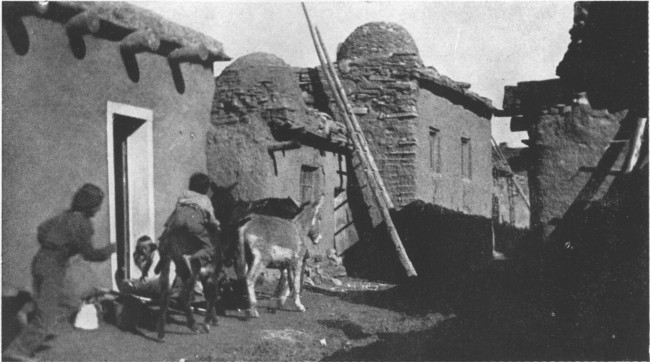 Pueblo boys at play in the streets of Zuñi, New Mexico. The dome-like tops on the houses are bake ovens