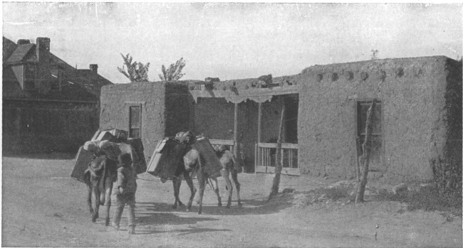 There are streets in Santa Fe where one may see box-like adobe houses beside dwellings of modern architecture