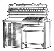 Fig. 24. “Adman” Cabinet has equipment for two compositors, supply of leads and slugs and assortment of materials such as brass and copper thin spaces and quads.