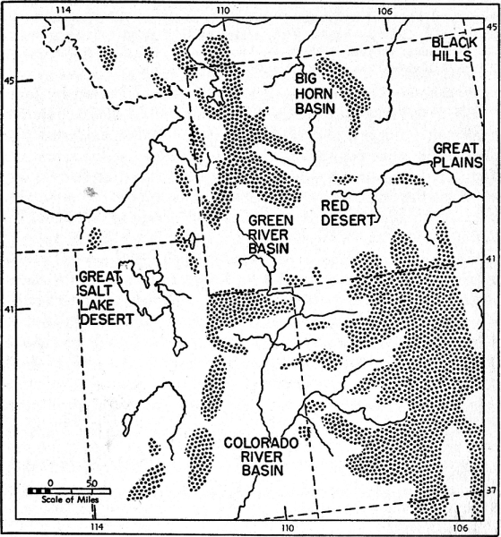 Fig. 2. Map showing the major barriers to Microtus montanus in Wyoming and Colorado; the barriers are the low areas named on the map (the name "Black Hills" is on the map for another reason; these hills are not a barrier). The major mountainous areas higher than approximately 8000 feet in elevation in Wyoming, Colorado and Utah are stippled. These mountainous areas include the habitat that is most suitable for the montane meadow mouse. The Black Hills are unoccupied by this species but these hills seem to be ecologically suitable for the species.