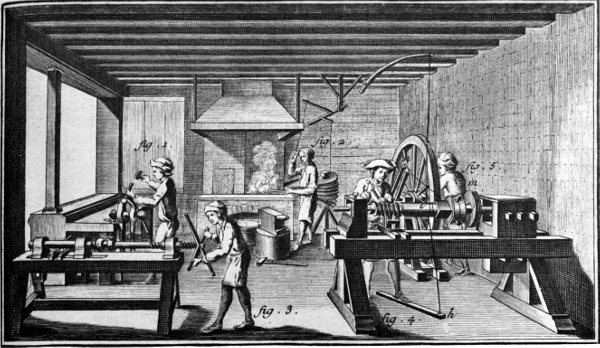 Figure 9.—Making screws in France in the third quarter of the 18th century. From L’Encyclopédie, ou dictionnaire raisonné des sciences, des arts et des métiers ... receuil de planches sur les sciences, les arts libéraux, et les arts méchaniques, avec leur explication (Paris: 1762-1772), vol. 9, plate 1.