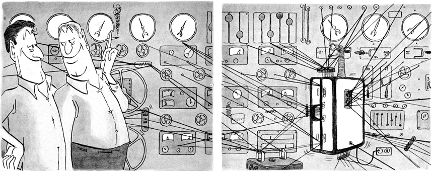 A suitcase with an eyestalk is wired into a big control panel; two men look on.