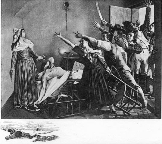 Charlotte Corday, after the assassination of Marat, apprehended by the Jacobin mob  Painting by J. Weerts.