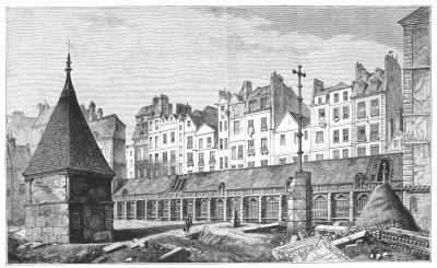 ANCIENT CEMETERY DES INNOCENTS, IN THE RUE AUX FERS, 1780, SHOWING THE CHARNIERS FULL OF SKULLS. After a design by Bernier. The accumulation of human remains, during eight or nine centuries, in this place had become so great and evil that, in 1786, they were all transferred to the Catacombs, and a market was erected on this spot.