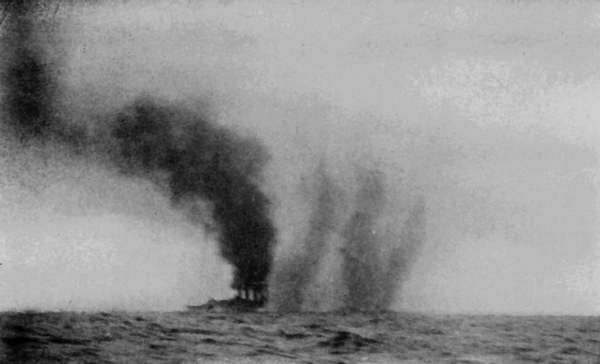 GERMAN SHELLS STRIKING THE WATER AT THE BATTLE OF JUTLAND