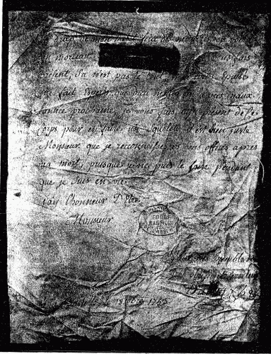 LETTRE DE LATUDE AU DOCTEUR QUESNAY, ÉCRITE A LA BASTILLE LE 18 OCTOBRE 1753 Il lui envoie un morceau de son habit qui fera sans doute des miracles étant donné que le propriétaire en est un martyr  (Bibl. nat., Archives de la Bastille, nº 11.692)