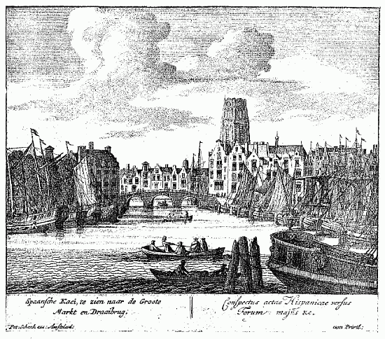 ROTTERDAM: LES QUAIS  Gravé par P. Schenk (Bibl. de l'Arsenal)