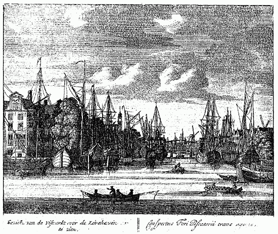 ROTTERDAM: QUAIS SUR LE MARCHÉ AUX POISSONS  (Gravé par P. Schenk) (Bibl. de l'Arsenal)