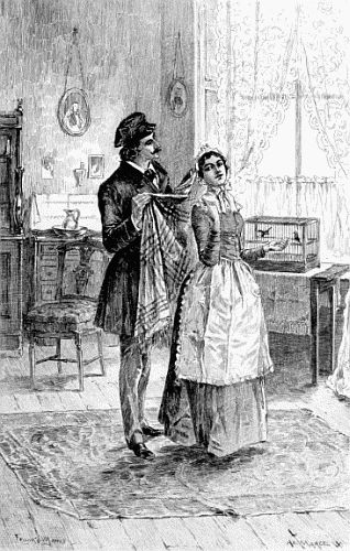 "He Took from the Bed a Large Plaid Shawl" Etching by Adrian Marcel, after the drawing by Frank T. Merrill