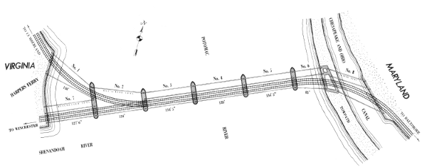 Figure 6.—Plan of Harpers Ferry bridge as built by Latrobe. The second Winchester track was later removed.