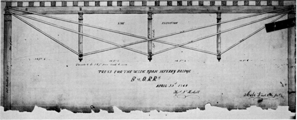 Figure 4.—Simple beam of 50-foot span with three independent trussing systems. Bollman’s use of this method of support led to the development of his bridge truss. This drawing is of a temporary span used after the timber bridge at Harpers Ferry was destroyed during the Civil War. (In Baltimore and Ohio Collection,  Museum of History and Technology.)