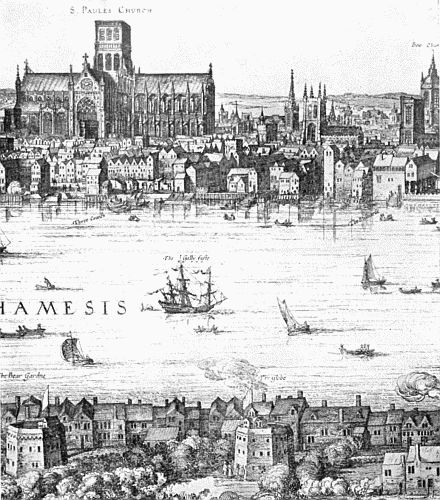 THE GLOBE THEATRE, WITH ST. PAUL'S IN THE BACKGROUND From Vischer's long view of London, 1616