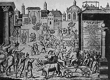 112 a. A medieval method of combating the plague. The persecution of the anointers in Milan in 1630. From a copy of "Il processi originale degli untori" in the library of Cornell University.