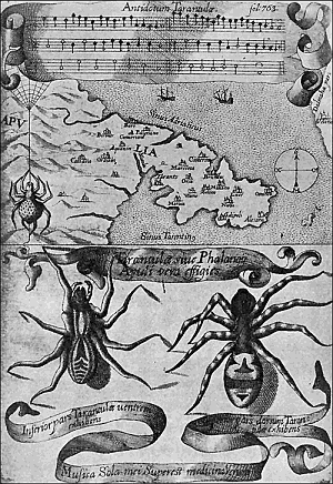 Some early medical entomology. Athanasius Kircher's illustration of the Italian tarantula and the music prescribed as an antidote for the poison of its bite. (1643).