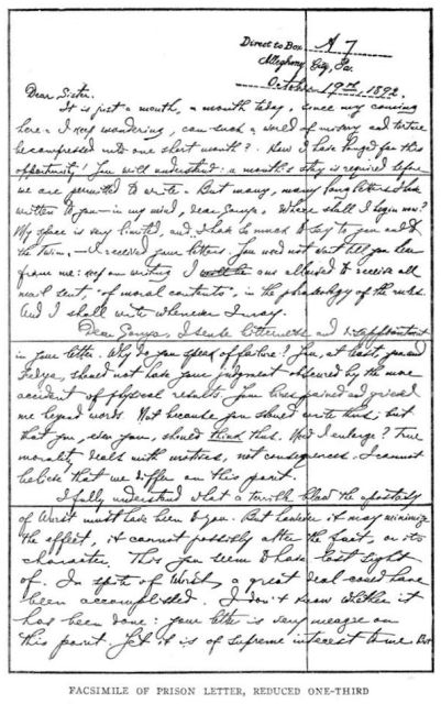 FACSIMILE OF PRISON LETTER