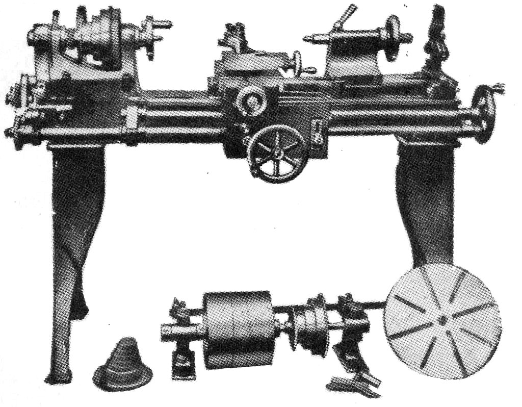 5 in. Centre Screw Cutting, Surfacing and Boring Lathe here shewn, with counter shaft for power. With counter shaft or treadle drive.      Price £44.