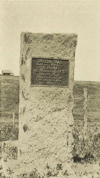 Monument on the Oregon Trail  Seven miles south of Hastings. Erected by Niobrara Chapter, Daughters of the American Revolution at a cost of $100