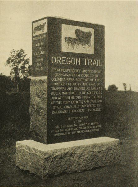 Oregon Trail Monument, two miles north of Hebron  Erected by the citizens of Hebron and Thayer county, and Oregon Trail Chapter, Daughters of the American Revolution, dedicated May 24, 1915. Cost $400