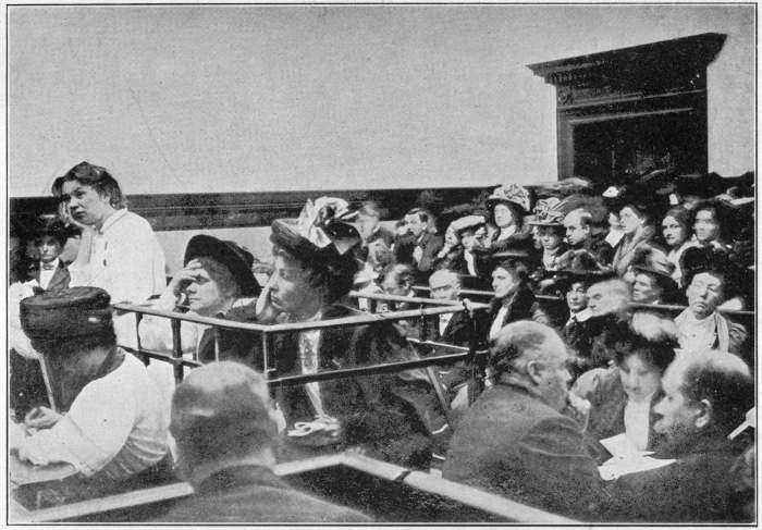 CHRISTABEL, MRS. DRUMMOND AND MRS. PANKHURST IN THE DOCK, FIRST CONSPIRACY TRIAL October, 1908