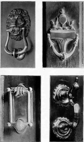 Plate VIII.—16th Century Knocker, Lion type, Striker of first type; Georgian Urn type, in use on modern house; Mexican Knocker of the Hammer type; Hammer type Knocker, 18th Century, Charles P. Waters House.