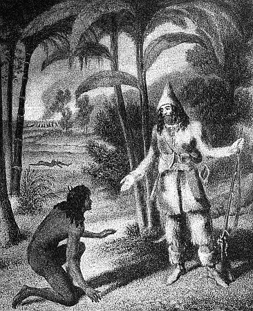 Illustration of "Robinson Crusoe" by George Cruikshank which serves as a Frontispiece to Major's Edition of Defoe's Romance, 1831