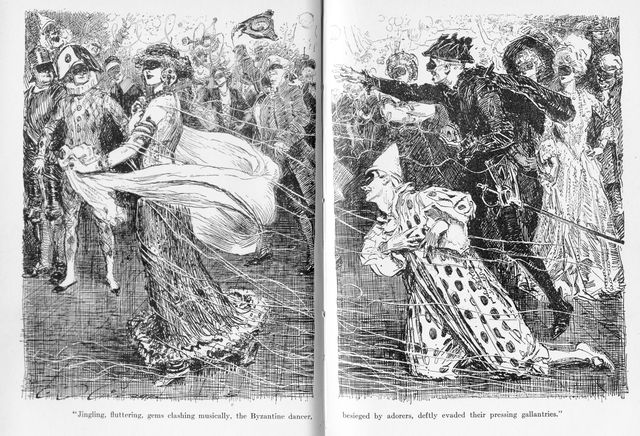 "Jingling, fluttering, gems clashing musically, the Byzantine dancer, besieged by adorers, deftly evaded their pressing gallantries."