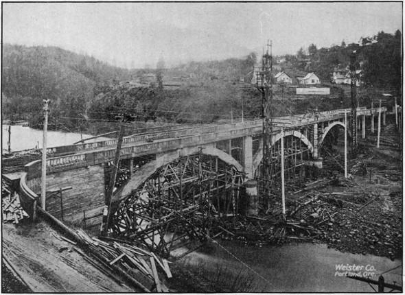 REINFORCED CONCRETE BRIDGE OVER HOOD RIVER, NEARING COMPLETION, ON THE COLUMBIA RIVER HIGHWAY AT HOOD RIVER CITY. BUILT IN 1918.