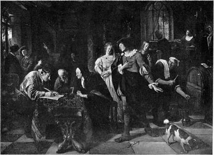 Huwelijkscontract.—Naar een schilderij van Jan Steen.