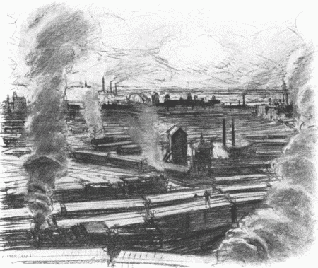 Looking down from Kersey Coates Drive, one sees ... the appalling web of railroad tracks, crammed with freight cars, which seen through a softening haze of smoke, resemble a relief map—strange, vast, and pictorial