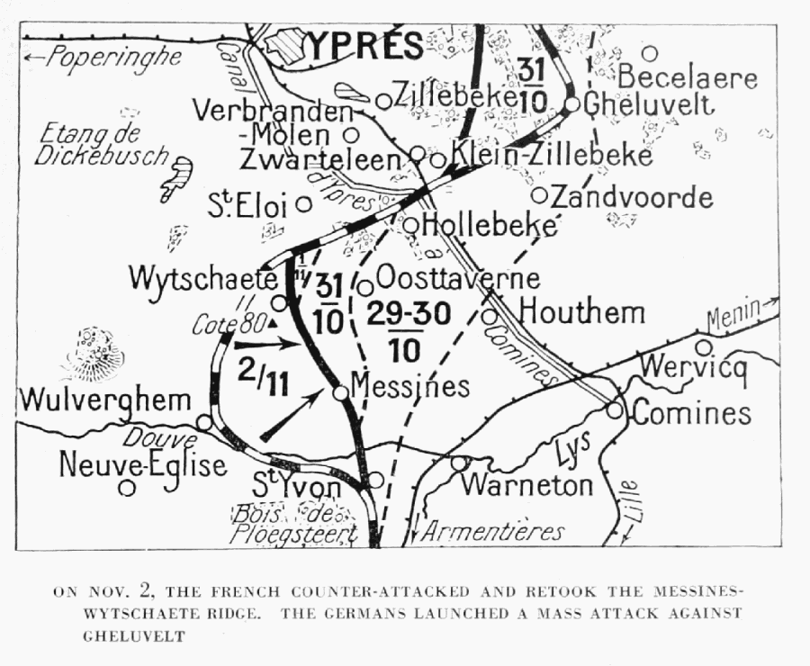 ON NOV. 2, THE FRENCH COUNTER-ATTACKED AND RETOOK THE MESSINES-WYTSCHAETE RIDGE. THE GERMANS LAUNCHED A MASS ATTACK AGAINST GHELUVELT