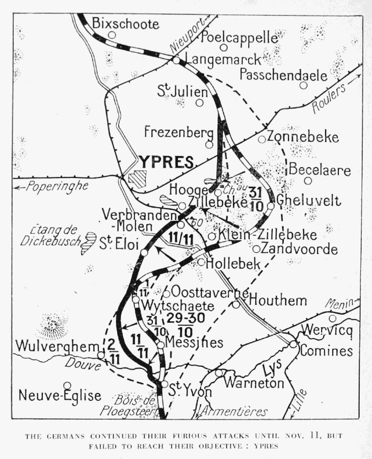 THE GERMANS CONTINUED THEIR FURIOUS ATTACKS UNTIL NOV. 11, BUT FAILED TO REACH THEIR OBJECTIVE: YPRES