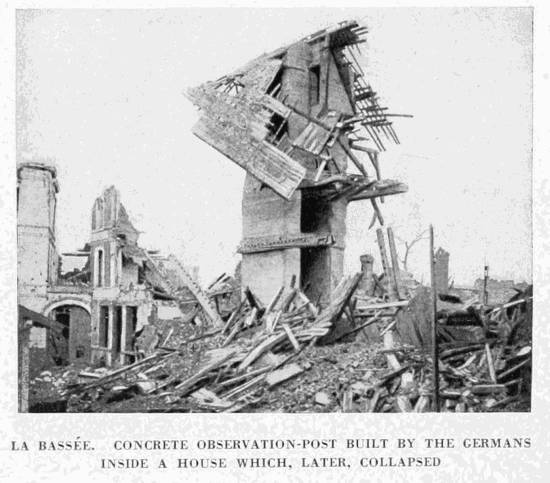 LA BASSÉE. CONCRETE OBSERVATION-POST BUILT BY THE GERMANS INSIDE A HOUSE WHICH, LATER, COLLAPSED