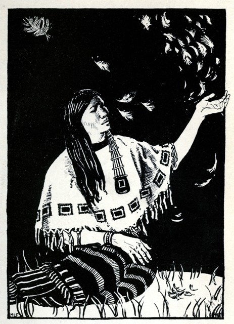 AND SHE MAKES TO HIM AN OFFERING OF TINY WHITE FEATHERS PLUCKED FROM THE BREASTS OF BIRDS